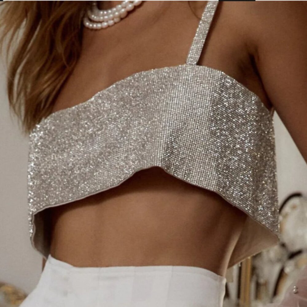 Shira Silver Rhinestone Crop Top